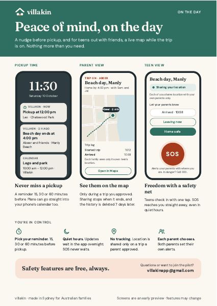 A page from the 4-page Villakin flyer showing pickup, trip map and SOS